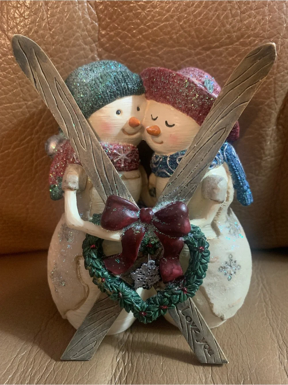 Holiday Snowman Couple Figurine with Red Bow and Green Wreath